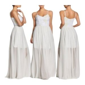 DRESS THE POPULATION ASHA LACE & CHIFFON TWO TONE IVORY AND OFF WHITE MAXI DRESS